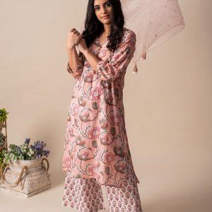 Kapraaha Pink Floral Cotton Tunic Set (Set of Three)